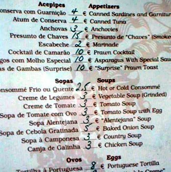 Preise Speisekarte Portugal